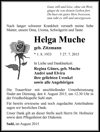 Traueranzeige von Helga Muche von Südthüringer Presse