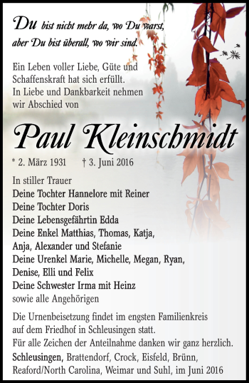 Traueranzeige von Paul Kleinschmidt von Südthüringer Presse