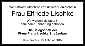 Traueranzeige von Elfriede Lischke von Frankenpost