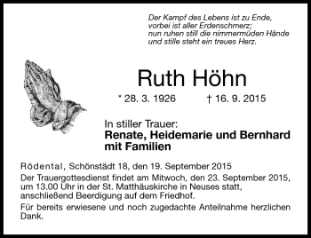 Traueranzeige von Ruth Höhn von Neue Presse Coburg