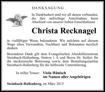 Traueranzeige von Christa Recknagel von Südthüringer Presse