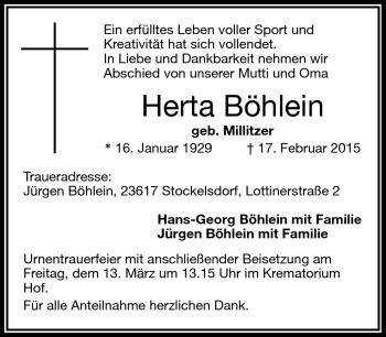 Traueranzeige von Herta Böhlein von Frankenpost