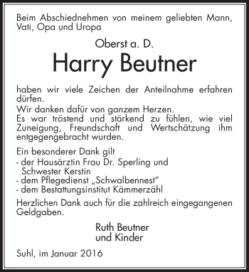 Traueranzeige von Harry Beutner von Südthüringer Presse