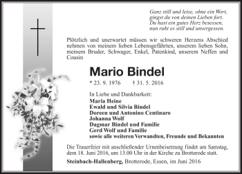 Traueranzeige von Mario Bindel von Südthüringer Presse