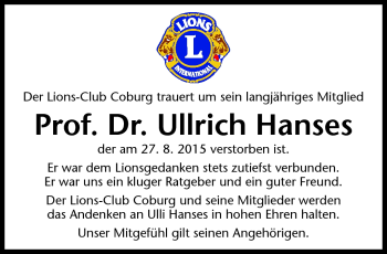Traueranzeige von Ullrich Hanses von Neue Presse Coburg