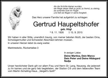 Traueranzeige von Gertrud Haupeltshofer von Frankenpost