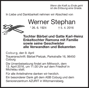 Traueranzeige von Stephan Werner von Neue Presse Coburg