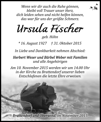 Traueranzeige von Ursula Schmidt von Südthüringer Presse