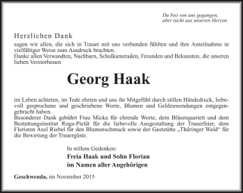 Traueranzeige von Georg Haak von Südthüringer Presse