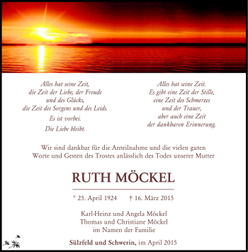 Traueranzeige von Ruth Möckel von Südthüringer Presse