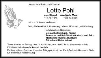 Traueranzeige von Lotte Pohl von Frankenpost