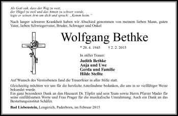 Traueranzeige von Wolfgang Bethke von Südthüringer Presse