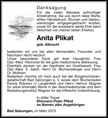 Traueranzeige von Anita Plikat von Südthüringer Presse
