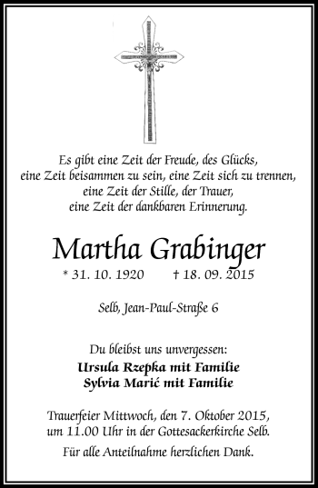 Traueranzeige von Martha Grabinger von Frankenpost