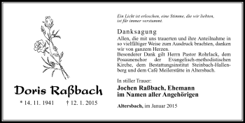 Traueranzeige von Doris Raßbach von Südthüringer Presse
