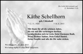 Traueranzeige von Käthe Schellhorn von Neue Presse Coburg