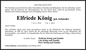 Traueranzeige von Elfriede König von Südthüringer Presse