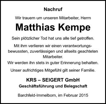 Traueranzeige von Matthias Kempe von Südthüringer Presse