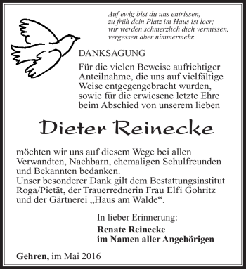 Traueranzeige von Dieter Reinecke von Südthüringer Presse