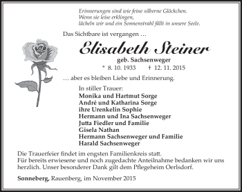 Traueranzeige von Elisabeth Steiner von Südthüringer Presse