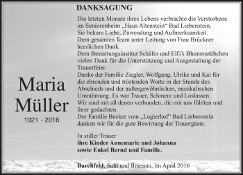 Traueranzeige von Maria Müller von Südthüringer Presse