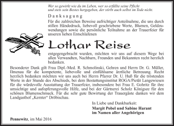 Traueranzeige von Lothar Reise von Südthüringer Presse