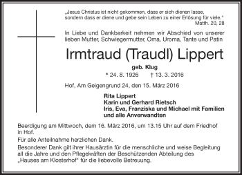 Traueranzeige von Irmtraud Lippert von Frankenpost