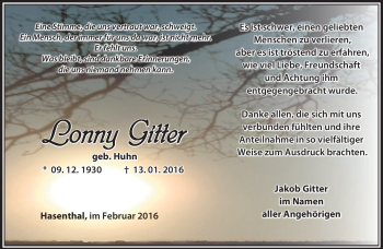 Traueranzeige von Lonny Gitter von Südthüringer Presse