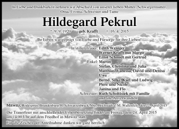 Traueranzeige von Hildegard Pekrul von Neue Presse Coburg
