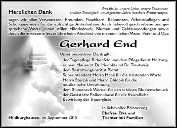 Traueranzeige von Gerhard End von Südthüringer Presse