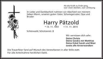 Traueranzeige von Harry Pätzold von Frankenpost