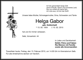Traueranzeige von Helga Gabor von Frankenpost