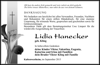 Traueranzeige von Lidia Hanecker von Südthüringer Presse
