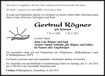 Traueranzeige von Gertrud Rögner von Südthüringer Presse