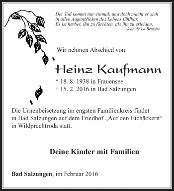Traueranzeige von Heinz Kaufmann von Südthüringer Presse