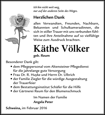 Traueranzeige von Käthe Völker von Südthüringer Presse