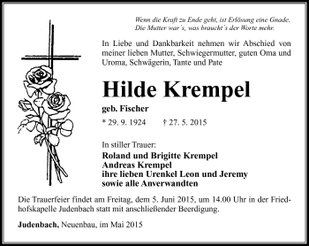 Traueranzeige von Hilde Krempel von Südthüringer Presse