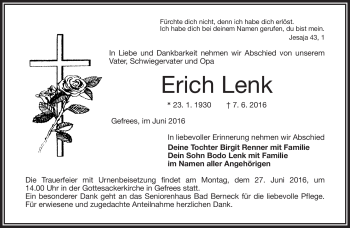 Traueranzeige von Erich Lenk von Frankenpost