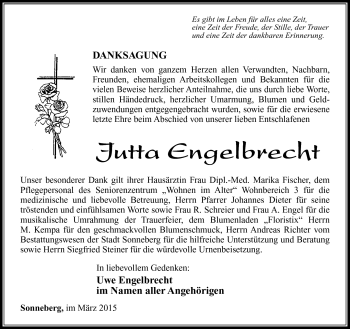 Traueranzeige von Jutta Engelbrecht von Südthüringer Presse