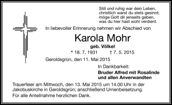 Traueranzeige von Karola Mohr von Frankenpost