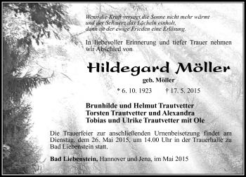 Traueranzeige von Hildegard Möller von Südthüringer Presse