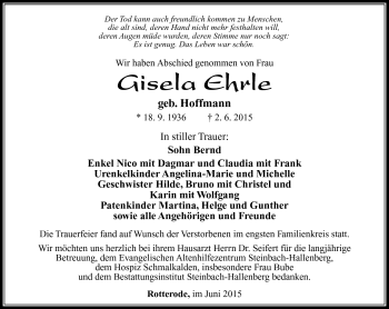 Traueranzeige von Gisela Ehrle von Südthüringer Presse