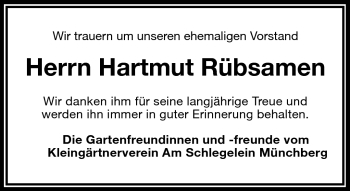 Traueranzeige von Hartmut Rübsamen von Frankenpost