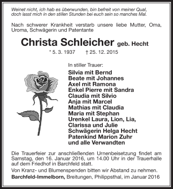 Traueranzeige von Christa Schleicher von Südthüringer Presse