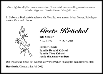 Traueranzeige von Grete Kröckel von Südthüringer Presse