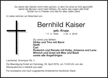 Traueranzeige von Bernhild Kaiser von Neue Presse Coburg