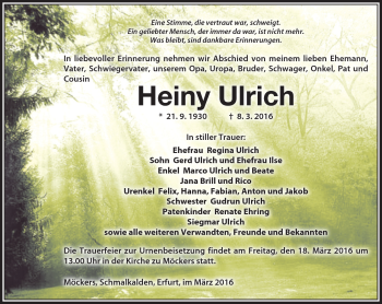 Traueranzeige von Heiny Ulrich von Südthüringer Presse
