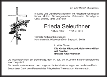 Traueranzeige von Frieda Seleuthner von Frankenpost