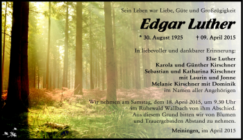 Traueranzeige von Edgar Luther von Südthüringer Presse
