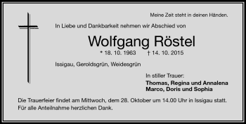 Traueranzeige von Wolfgang Röstel von Frankenpost